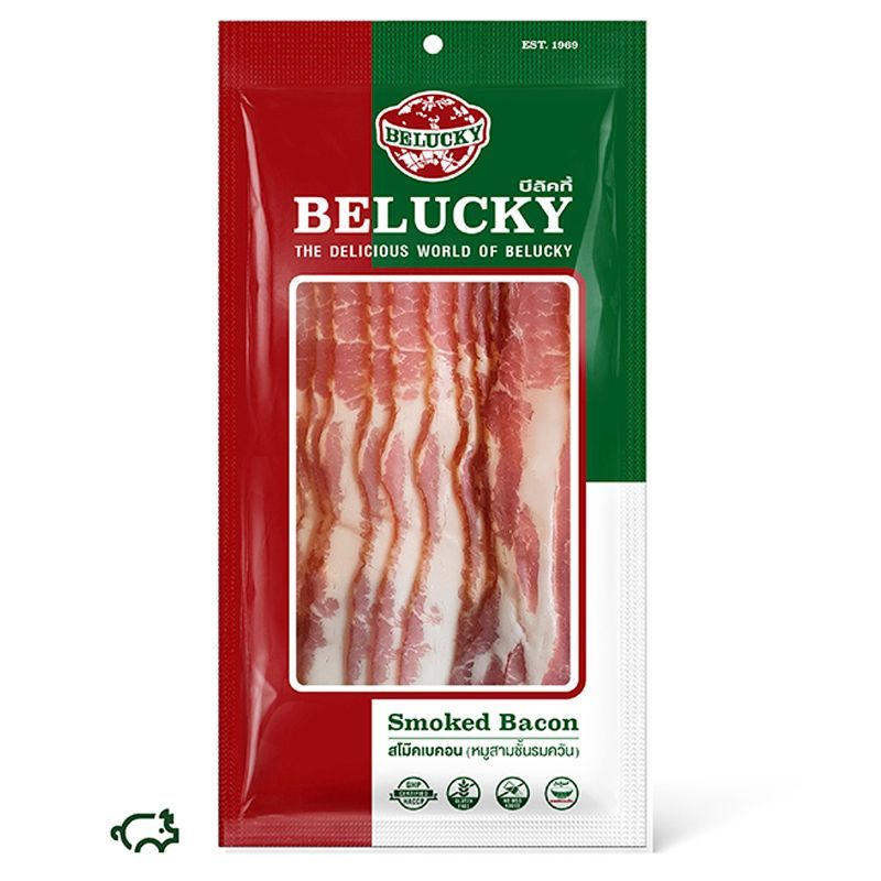 บีลัคกี้สโมคเบคอน 400กรัม Belucky Smoked Bacon 400g. [หมายเลขบาร์โค้ด 8850342021025]