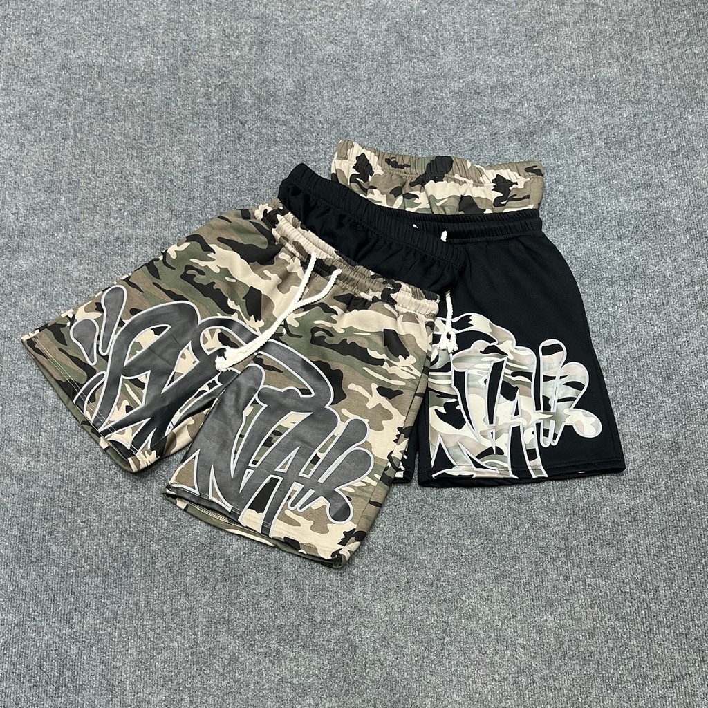สไตล์อเมริกัน Syna World พิมพ์เย็บ Camouflage Drawstring High Street หลวม Terry ผู้ชายผู้หญิงสบายๆกา