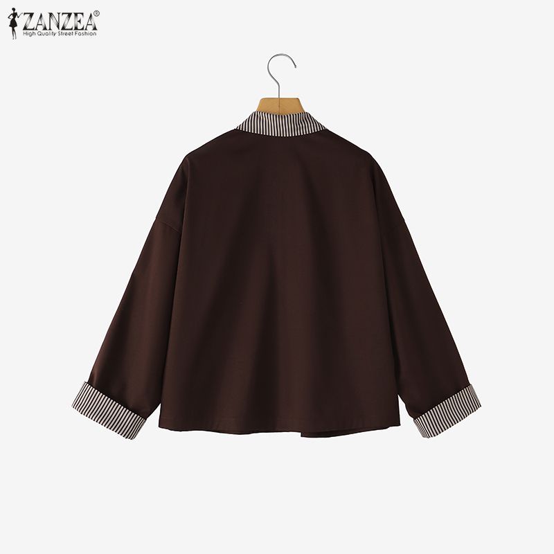 ZANZEA เสื้อแจ็คเก็ตผ้าปะต่อแขนยาวลายทางแฟชั่นเกาหลีสําหรับผู้หญิง — صورة 8