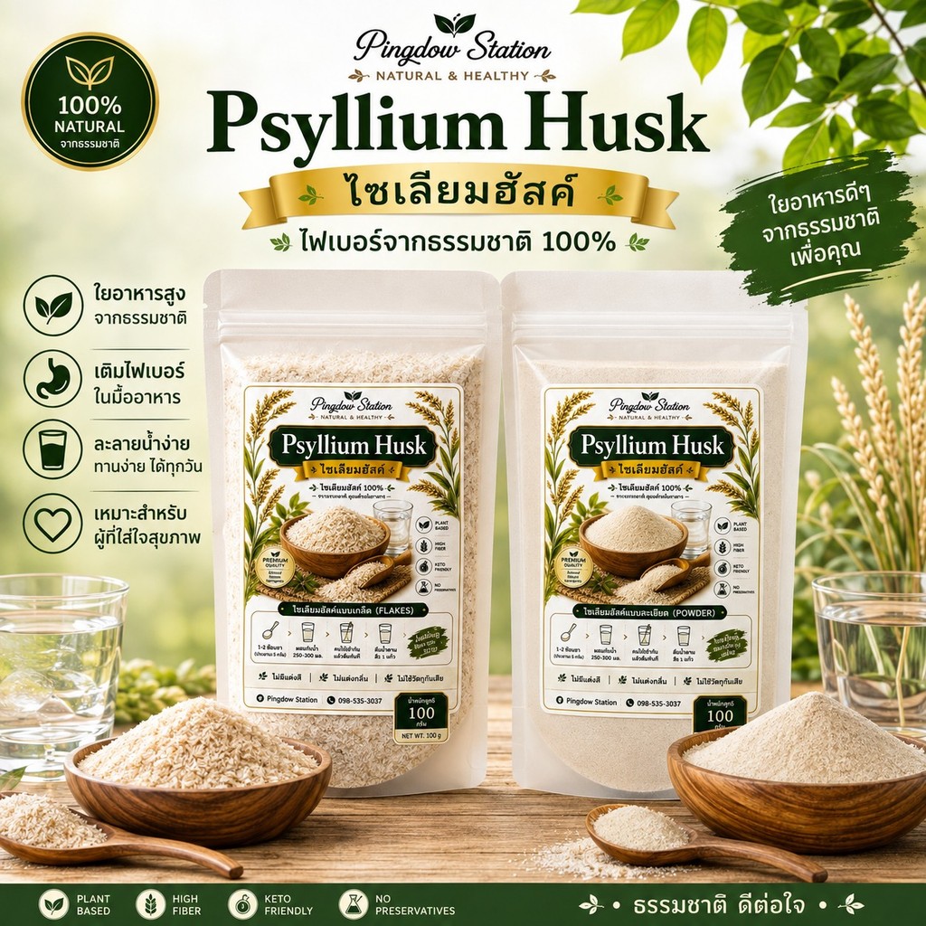 ไซเลียมฮัสค์Phyllium Husk แบบเกล็ด และแบบป่นผงละเอียด ใช้ชงผสมน้ำหรือเครื่องดื่ม นำไปทำขนมปังไซเลียม
