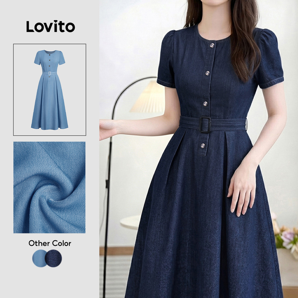 Lovito ชุดเดรสลําลอง แขนสั้น มีซิป สีฟ้า สําหรับผู้หญิง เหมาะสําหรับฤดูใบไม้ผลิ/ฤดูร้อน LK6LD108