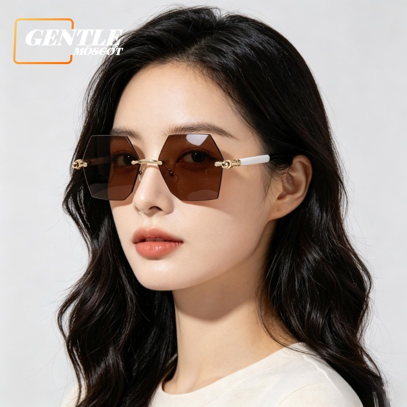 (GENTLE MOSCOT) แว่นกันแดดไร้ขอบรูปหลายเหลี่ยมสไตล์ตะวันตกมีสไตล์สําหรับผู้หญิงและผู้ชาย Anti UV Sun