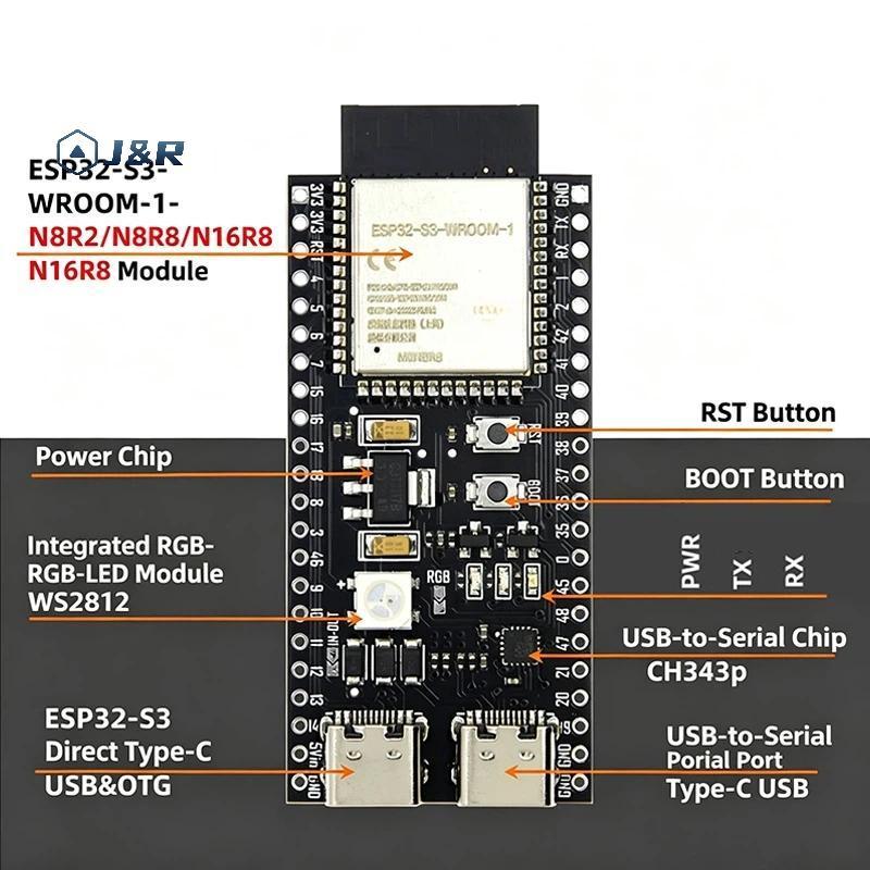 J&R> ESP32 S3 N16R8 WiFi Dual Core Microcontroller Board สําหรับต้นแบบอุตสาหกรรมการทดสอบการพัฒนาฝังต