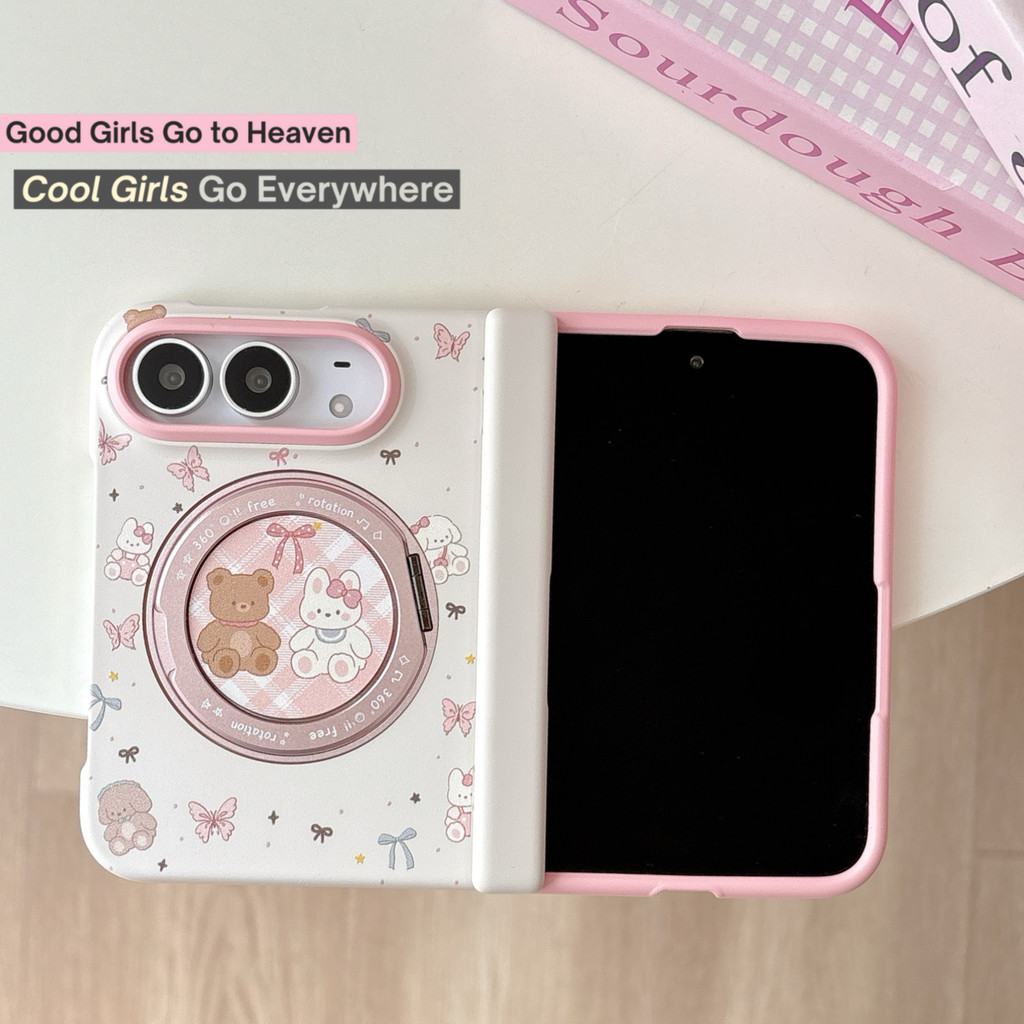 New style น่ารัก ลูกหมี กระต่าย ตุ๊กตา ฝังตัว Magnetic holder Skin feel เคส สำหรับ iPhone Duo Wide พับ Case ชุดสามชิ้นที่ถอดออกได้รวมทุกอย่าง เพลาสปริง ป้องกันการตก พลิกปก เคส