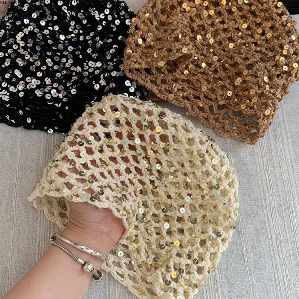 CLEIGHTEEN8H Sequined Beanies หมวก, Y2K เกาหลีถักหมวก,แฟชั่นอเนกประสงค์ Breathable Retro Hollow Pull