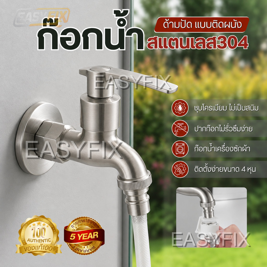 ติดตั้งง่ายมาก ก๊อกน้ำเครื่องซักผ้า SUS304 สแตนเลส ขนาด 1/2 นิ้ว ดีไซน์ทันสมัย สะดวกต่อการใช้งาน ทนต่อสนิม