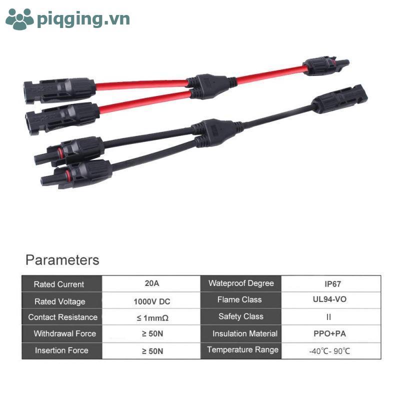 Piqging Solar Y-Branch Connectors 20A, Solar Panel Parallel Adapter Cable (คู่, ดํา/แดง) VN