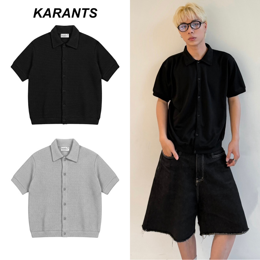 Karants เสื้อยืด Polo Cropped Boxy ผ้า Waffle สีพื้น สำหรับผู้ชายและผู้หญิง Unisex - KR315