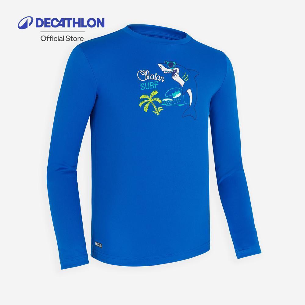 Decathlon Kids’ Surfing Anti-UV Long-Sleeved Printed Water T-Shirt เสื้อยืดโต้คลื่นเด็กแขนยาวป้องกันรังสียูวี - Blue