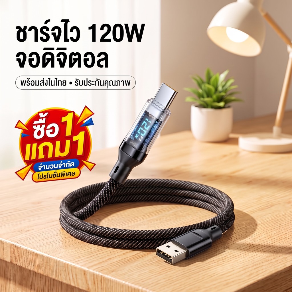 【ซื้อ 1 แถม 1】สายชาร์จ Type-C สายถักหนาพิเศษ ทนทานไม่หักงอ 120W จอ LED ใช้สำหรับ Huawei IP Samsung Xiaomi OPPO vivo 1/2m