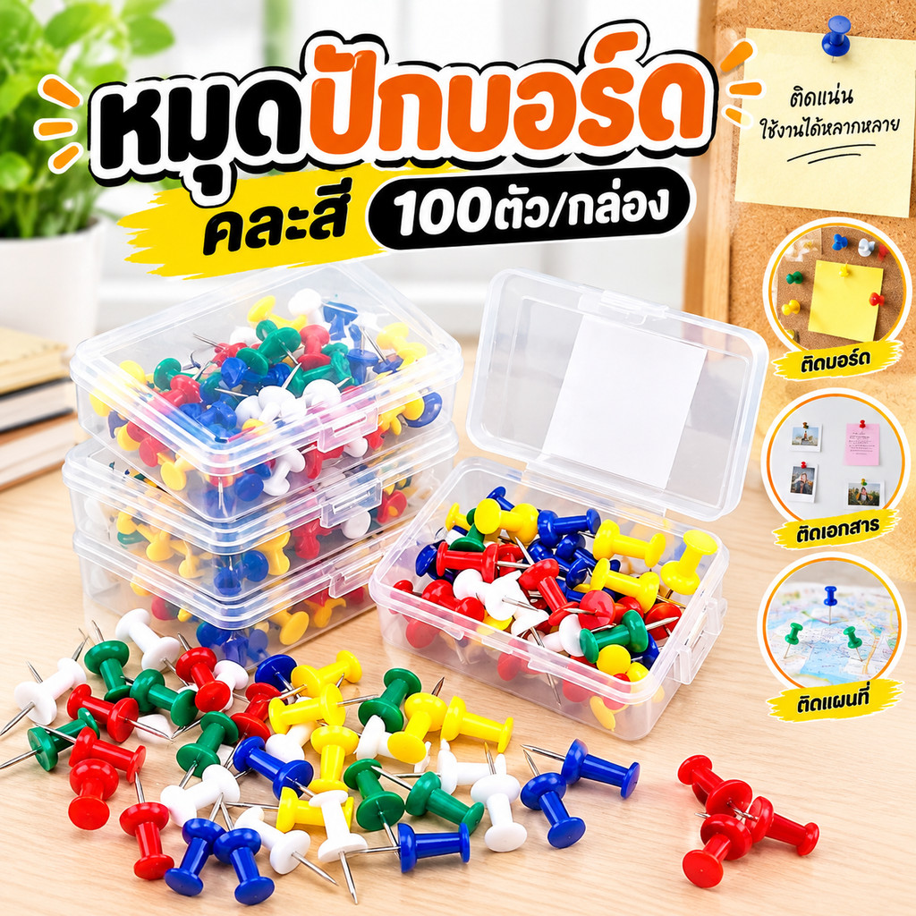 หมุดปักบอร์ด คละสี 100ตัว/กล่อง ตกแต่ง เข็มปักแผนที่ พลาสติก หมุดปักกระดานไม้ก๊อก