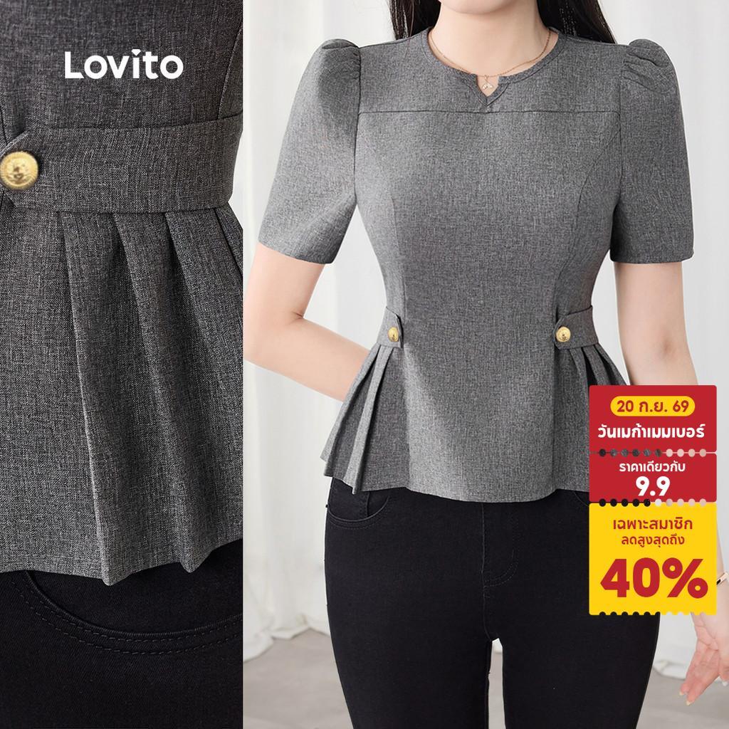 Lovito สง่างาม เสื้อเชิ้ตสีเทาเข้มหัวเข็มขัดโลหะหรูหรา เสื้อเชิ้ตฤดูใบไม้ผลิ/ฤดูร้อนสำหรับผู้หญิง L154ED525