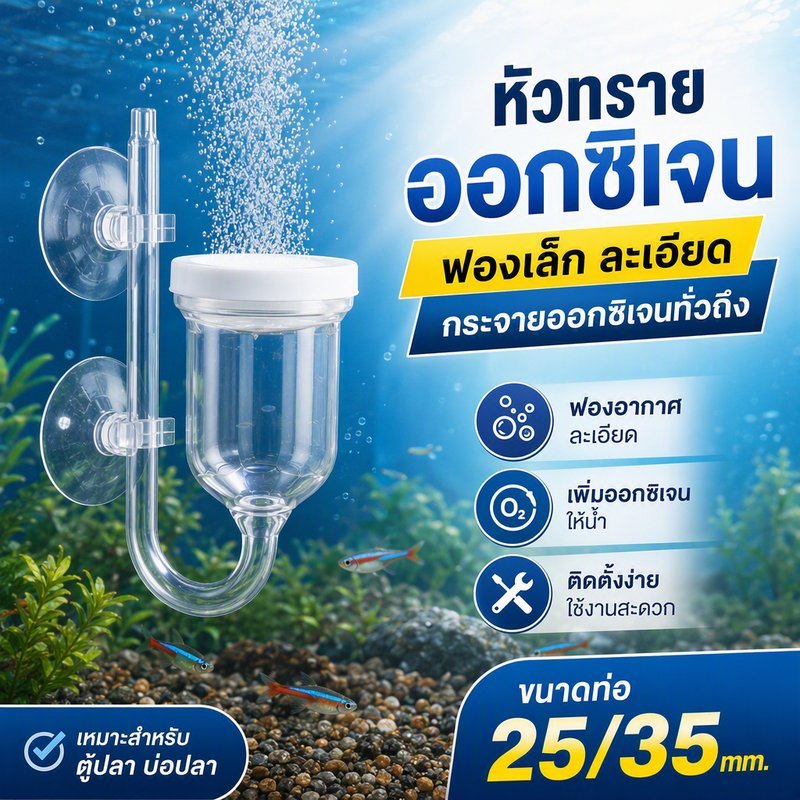หัวทรายออกซิเจน 25/35mm ฟองละเอียด กระจายออกซิเจนดี เหมาะสำหรับตู้ปลาและบ่อปลา ติดตั้งง่าย
