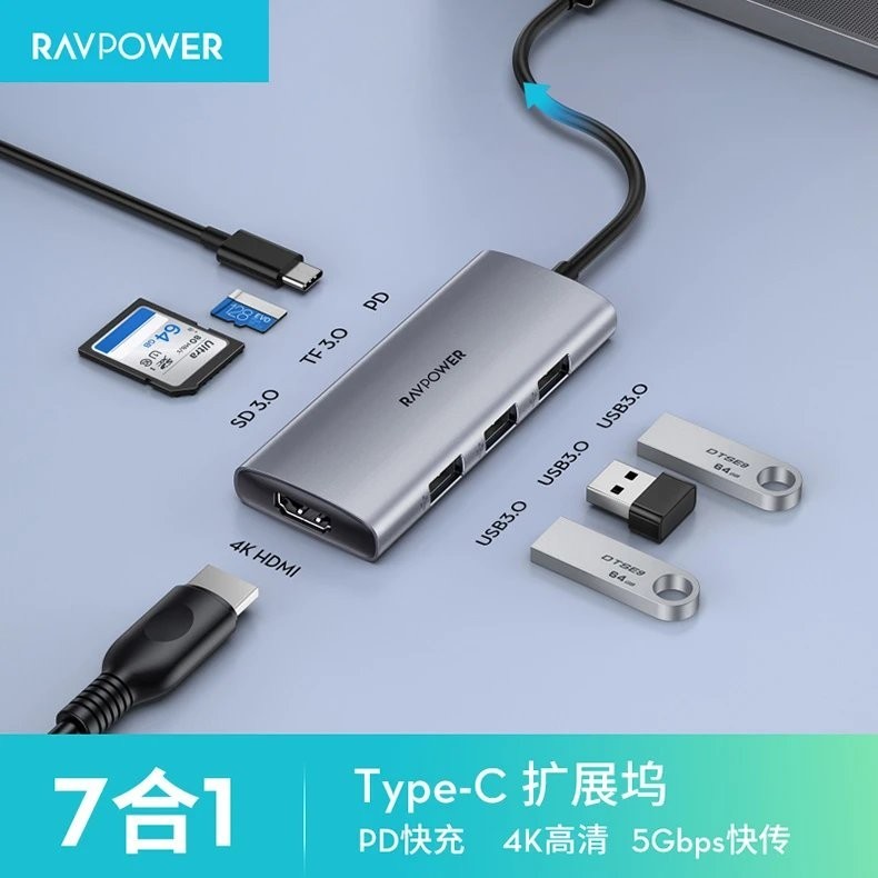 Ravpower Ravpower Docking Station Type-c ถึง hdmi Card Reader HUB 7 in 1 8 in 1 MacBook