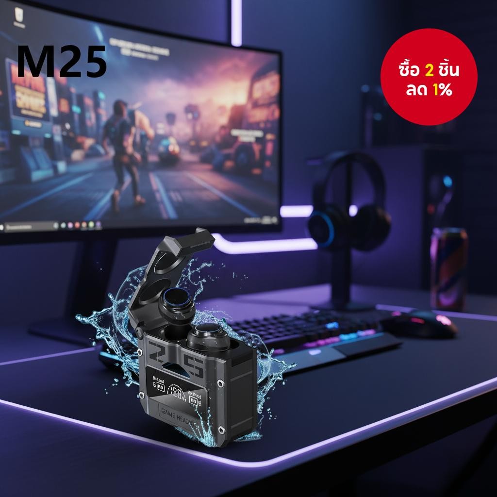 หูฟังบลูทูธ M25 TWS กันน้ํา หน้าจอ LED เสียงรอบทิศทาง มีแบตเตอรี่สํารองในตัว