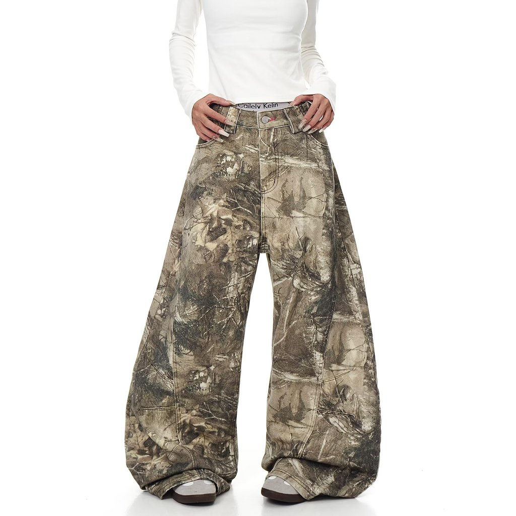 สาขารูปแบบ 3ง ดิจิตอลพรางสาดหมึกพิมพ์กางเกงยีนส์ผู้ชายผู้หญิงฤดูใบไม้ร่วง สูง ถนน หลวมกว้าง-ขา