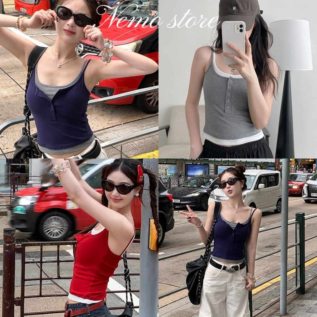 Nemo store🌸#FY10125 เสื้อสายเดี่ยวแต่งสองชั้น น่ารักๆ มีเสริมฟองน้ำในตัว ใส่เที่ยวได้สบาย