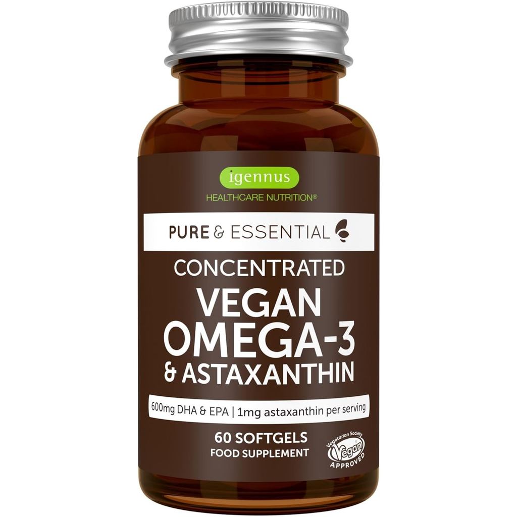 Igennus Vegan DHA & EPA Omega 3 1344mg Algae Oil & Astaxanthin, Lab Test Pure & Sustainable, 60 Soft