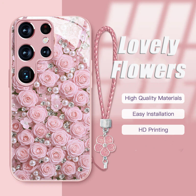 สําหรับ Samsung Galaxy S25Ultra,S24Ultra,S23,A56 A55 เคสโทรศัพท์ Hard Liquid Glass ปลอกสายคล้องมือเพชร rose รูปแบบน่ารัก A34 A14 A53 A52 S22Ultra S23FE