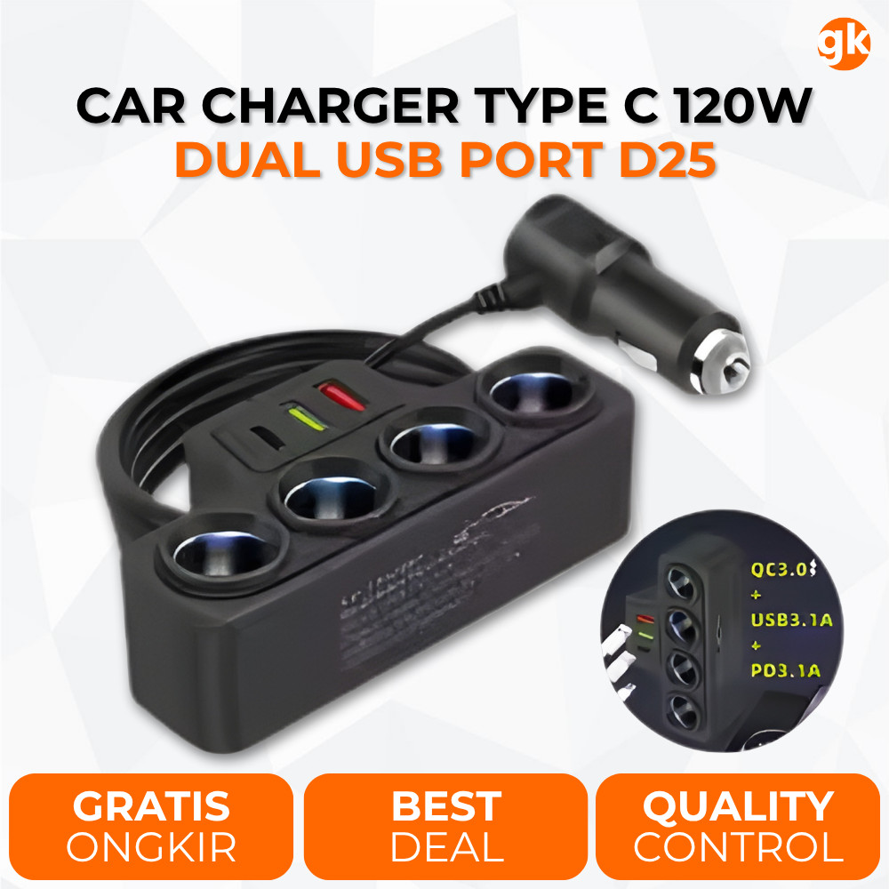 ที่ชาร์จแบตในรถที่จุดบุหรี่พอร์ต USB PD QC 120W D25 4 พอร์ตซ็อกเก็ตไฟแช็ก USB A & USB C