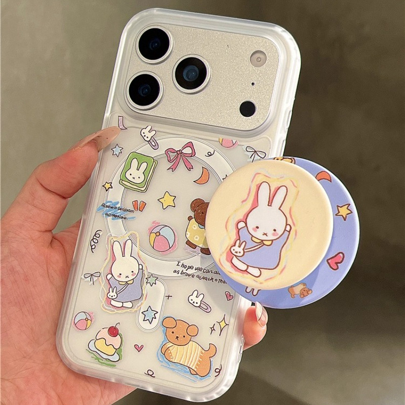 Huiwanju กระต่ายน่ารัก Bobby Magnetic Bracket เหมาะสําหรับ iPhone17promax เคสโทรศัพท์มือถือ iphone16 ผู้หญิง 15 matte 17pro anti-drop 16pro เคสป้องกัน 14