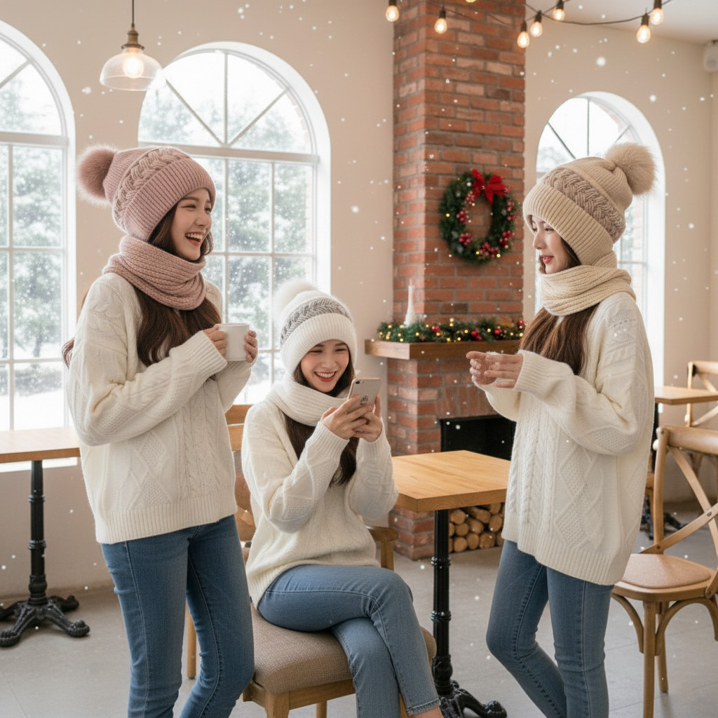 หมวกไหมพรมกันหนาวมีปอม+ผ้าพันคอ เซ็ตแฟชั่นผู้หญิง น่ารัก อุ่นนุ่ม ใส่เที่ยวหิมะ ฤดูหนาวเกาหลี earmuff กันหนาว - รูปที่ 3