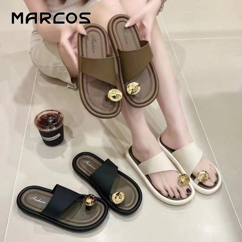 MARCOS รองเท้าแตะสไตล์เกาหลี สำหรับผู้หญิง มีที่จับนิ้วหัวแม่มือ พื้นนุ่ม รองเท้าแตะส้นแบนลำลอง เหมาะสำหรับนักเรียน ก#07