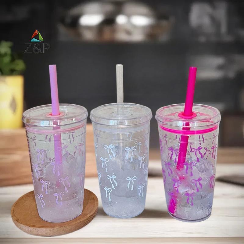 Z&P 450ml ป้องกันการรั่วโบว์พิมพ์ขวดน้ําพลาสติกพร้อมฟางสามารถเย็นกาแฟร้อนถ้วยน้ําผลไม้ Bowknot Tumbl