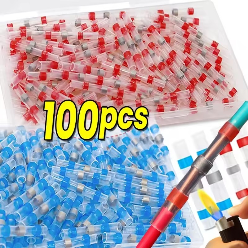 ความร้อนหดก้นเชื่อมต่อกันน้ําบัดกรีซีลชุด-20/50/100ชิ้น| เทอร์มินัลสายไฟโลหะผสมดีบุก| ซ่อมรถยนต์|แดง/น้ําเงิน