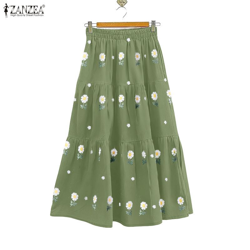 ZANZEA กระโปรงลายดอกไม้ สไตล์เรโทร พิมพ์ pleats สำหรับผู้หญิง ขนาดเอวยางยืด — صورة 6