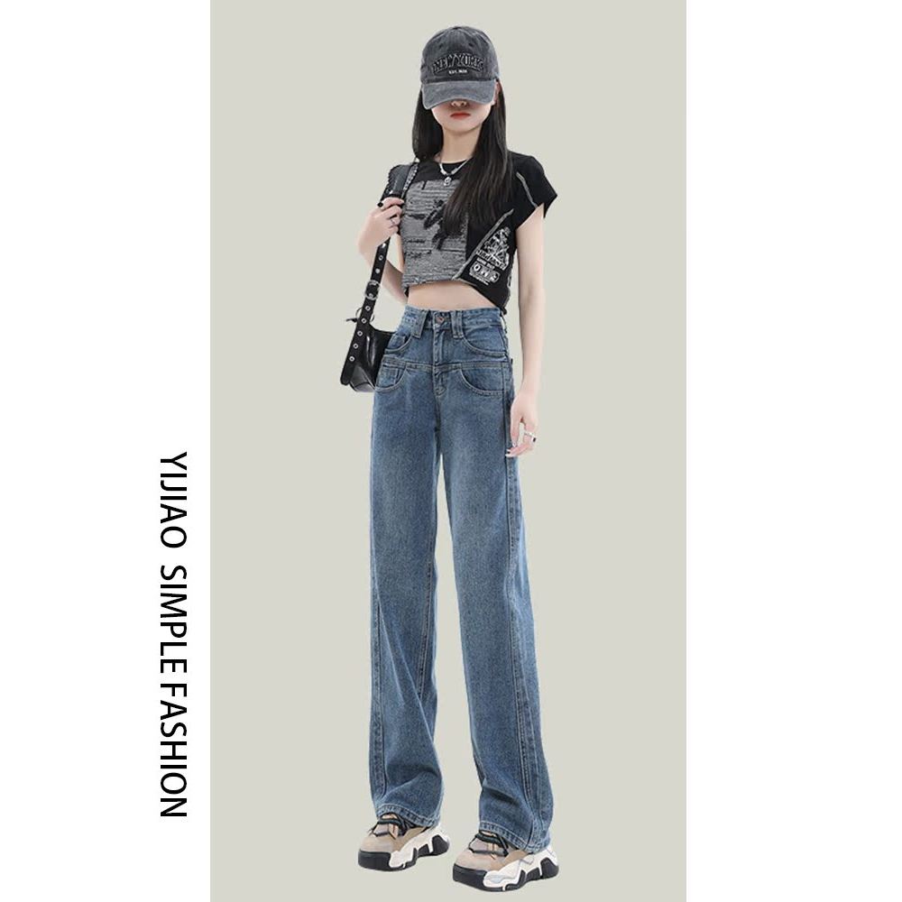 Yijiao Design Feel ยีนส์ขาบานสีฟ้าแนวเรโตร พร้อมกระเป๋ากางเกงด้านหน้า ทรงเพรียวบางแต่อวบนุ่ม เอวสูงส