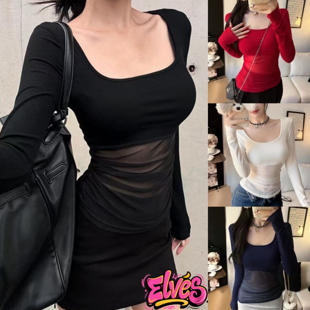 Elves พร้อมส่ง💟เสื้อแขนยาว คอเหลี่ยมทรงรัดรูป ดีเทลครึ่งตัวซีทรู น่ารักมากใส่สบายมาก สายเดี่ยว เสื้อแขนยาว“FY5166"