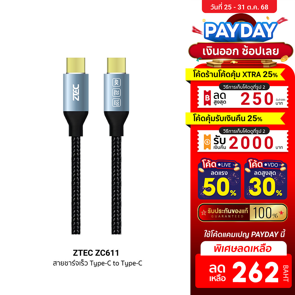 [ลดเหลือ 262] ZTEC ZC611 สายชาร์จ USB-C to USB-C USB3.2 Gen2x2 รองรับการเชื่อมต่อภาพ 4K ผ่านกำลังไฟ 