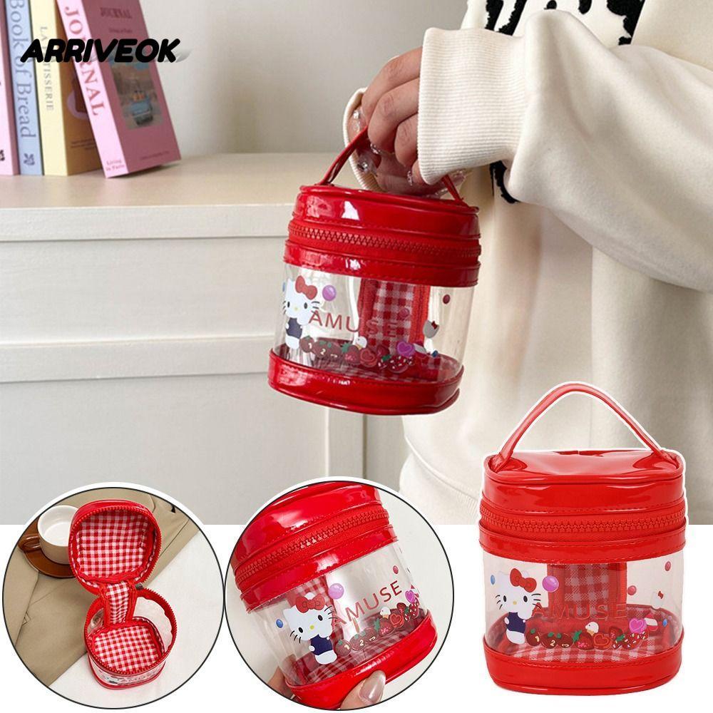 ARRIVEOK Kawaii Bucket Handbag, Hello Kitty Transparent Hello Kitty Makeup Bag, Portable Multifuncti