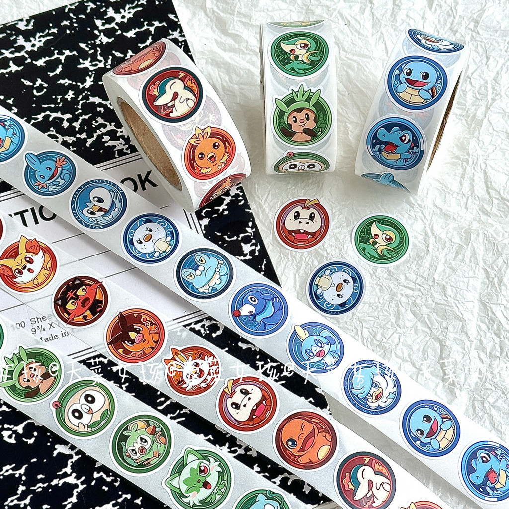 500ชิ้นโปเกมอนแอตทริบิวต์คอลเลกชันชุดสติกเกอร์น้ํา/ไฟ/หญ้า/Eevee ครอบครัวตกแต่งวงกลมปิดผนึกสติกเกอร์