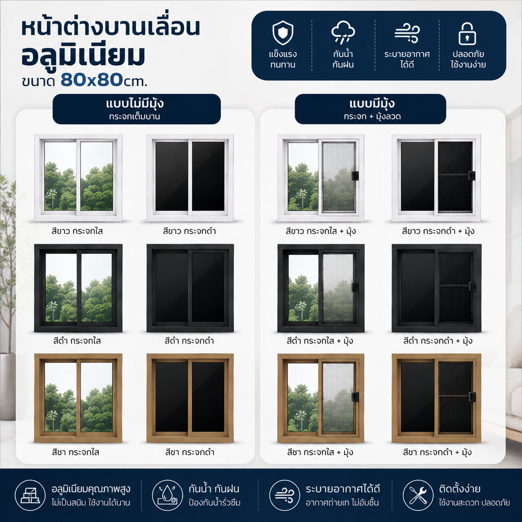 ขายปลีก/ส่ง 【กระจกเทมเปอร์】 หน้าต่างบานเลื่อนอลูมิเนียม แบบสำเร็จรูป ขนาด 80x80ซม. หลายสี (มีมุ้ง/ไม่มีมุ้ง)