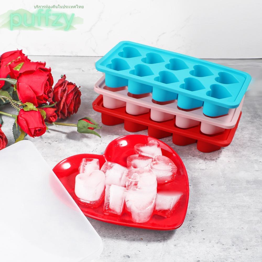 PUFFZY ถาดน้ําแข็ง, Love Heart Easy Release Ice Cube Mold, Reusable Pink Blue Red Silicone 10 ช่องเครื่องมือทําน้ําแข็ง Gadgets ครัว