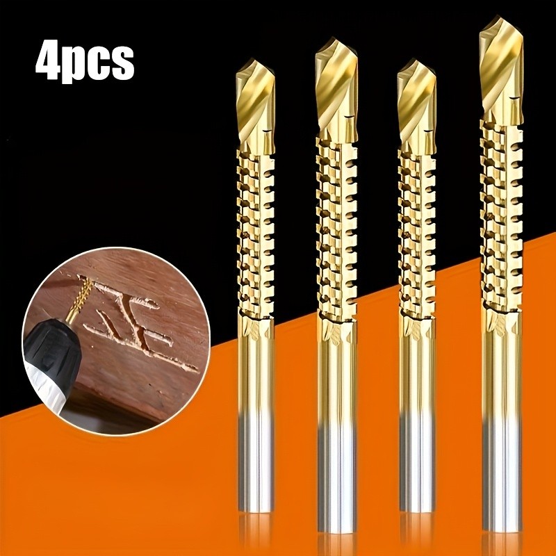 4PCS ไทเทเนียมเลื่อยฟัน Twist เจาะ Bit ชุด 3 In 1 เจาะตัดบดตรง Shank Multi-function ไม้ Hole Opener 