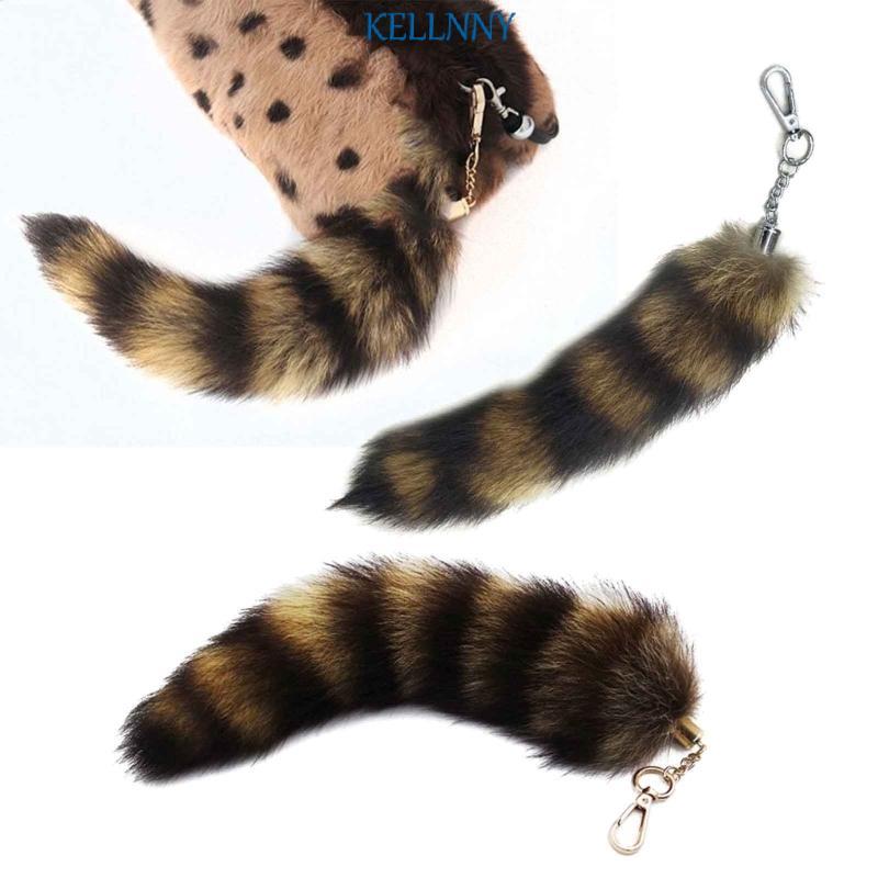 Kelln ตุ๊กตาหางพวงกุญแจ Furry Racoon หางพวงกุญแจพวงกุญแจ 28 ซม.หางสัตว์ Key-Pendant Pompoms พวงกระเป