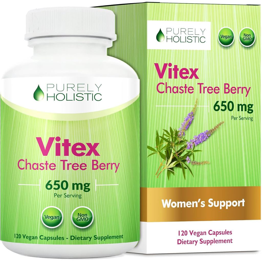 Purely Holistic Chasteberry Vitex egg剂 650mg - 4 แคปซูลรางวัล 120 เม็ดเบอร์รี่และอาหาร Agnus-Castus 