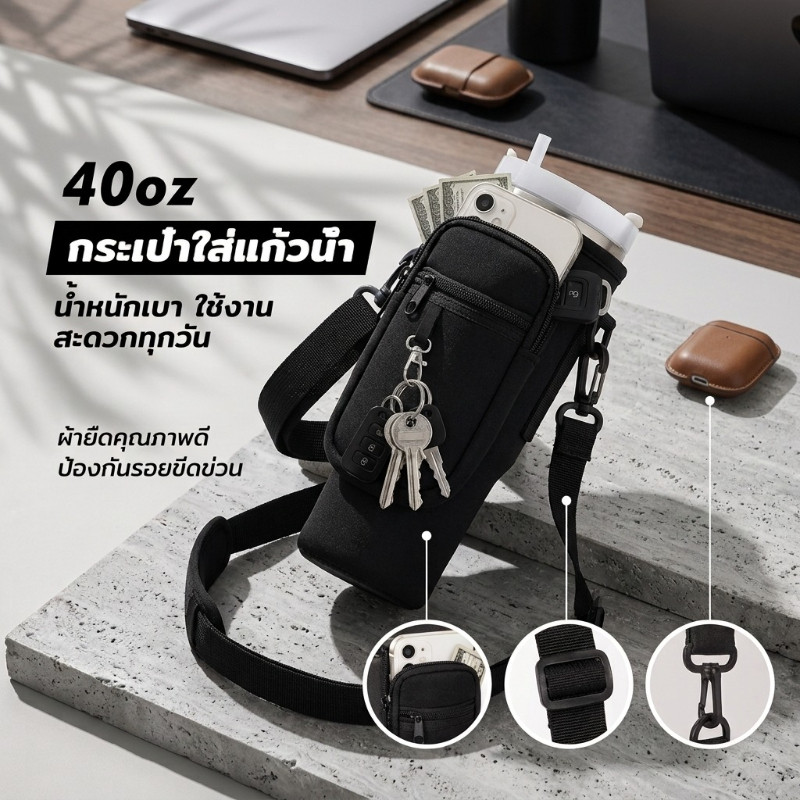 กระเป๋าใส่แก้วน้ำพร้อมสายสะพาย กันน้ำได้ มีช่องเก็บของ จุของได้เยอะ พกพาสะดวก สำหรับขวดน้ำและแก้วน้ำ
