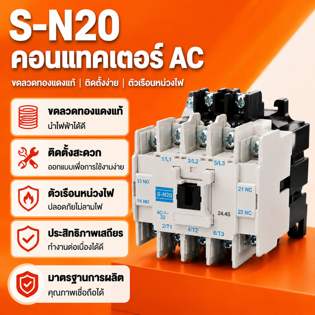 คอนแทคเตอร์ AC S-N20 แมกเนติกคอนแทคเตอร์ 3 เฟส 32A คอยล์ทองแดงแท้ ติดตั้งง่าย ตัวเรือนหน่วงไฟ ประสิทธิภาพเสถียร K335
