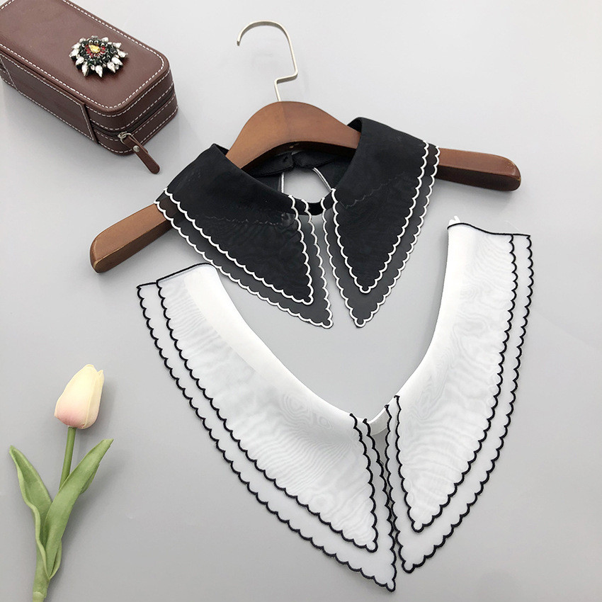 Simple Double-Layer Wave Organza สีดําสีขาวบูติกปักขนาดใหญ่ชี้คอประหยัดปกปลอม/7.61