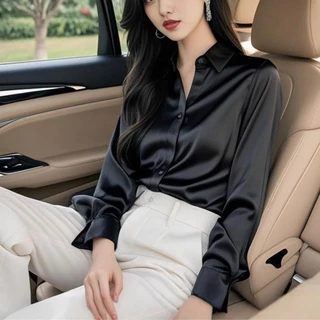 เสื้อเชิ้ตซาตินเกาหลี ผ้าลื่นใส่สบาย ขาวใสดูแพง แต่งตัวทำงาน&เดท ของใหม่2026