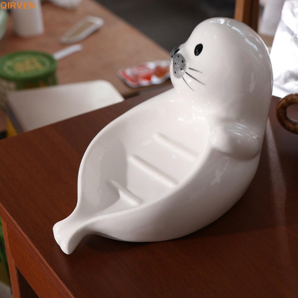 QIRVEN Self Draining ผู้ถือสบู่, Drainable น่ารัก Sea Lion จานสบู่,ตกแต่งบ้านเซรามิคคอนเทนเนอร์สบู่กล่องห้องน้ํา Decor Organizer ความแปลกใหม่ของขวัญไอเดีย