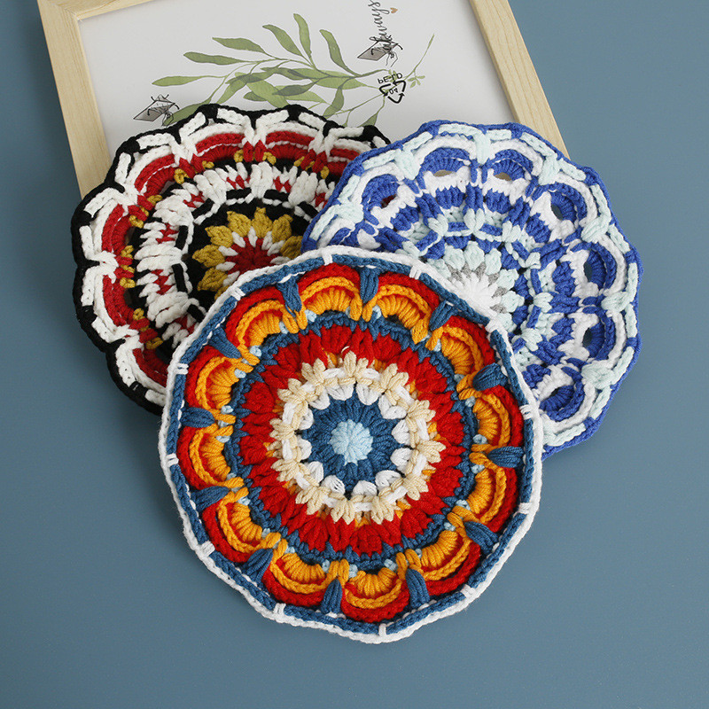 Bohemian Hand-Knitted สีสัน Coaster ขนสัตว์โครเชต์ศิลปะตกแต่ง Mat Hand-Made สามมิติรอบ Mat ผลิตภัณฑ์