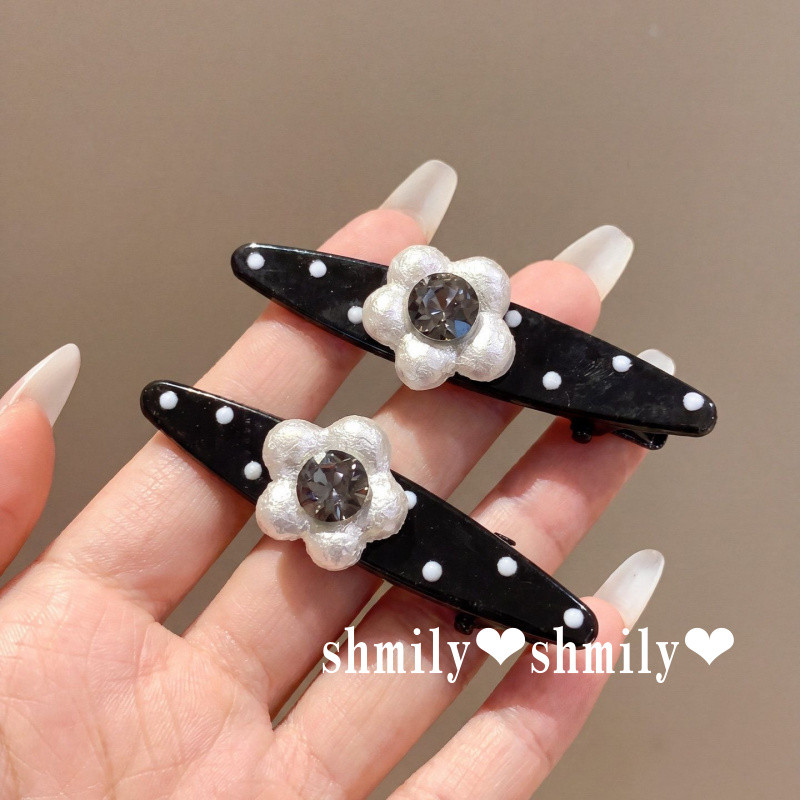 สไตล์เกาหลี Polka Dot สีดํา Rhinestone ดอกไม้ Hairpin Slimmer ดูหวาน All-Match ด้านข้างหน้าผาก Bangs Hairpin