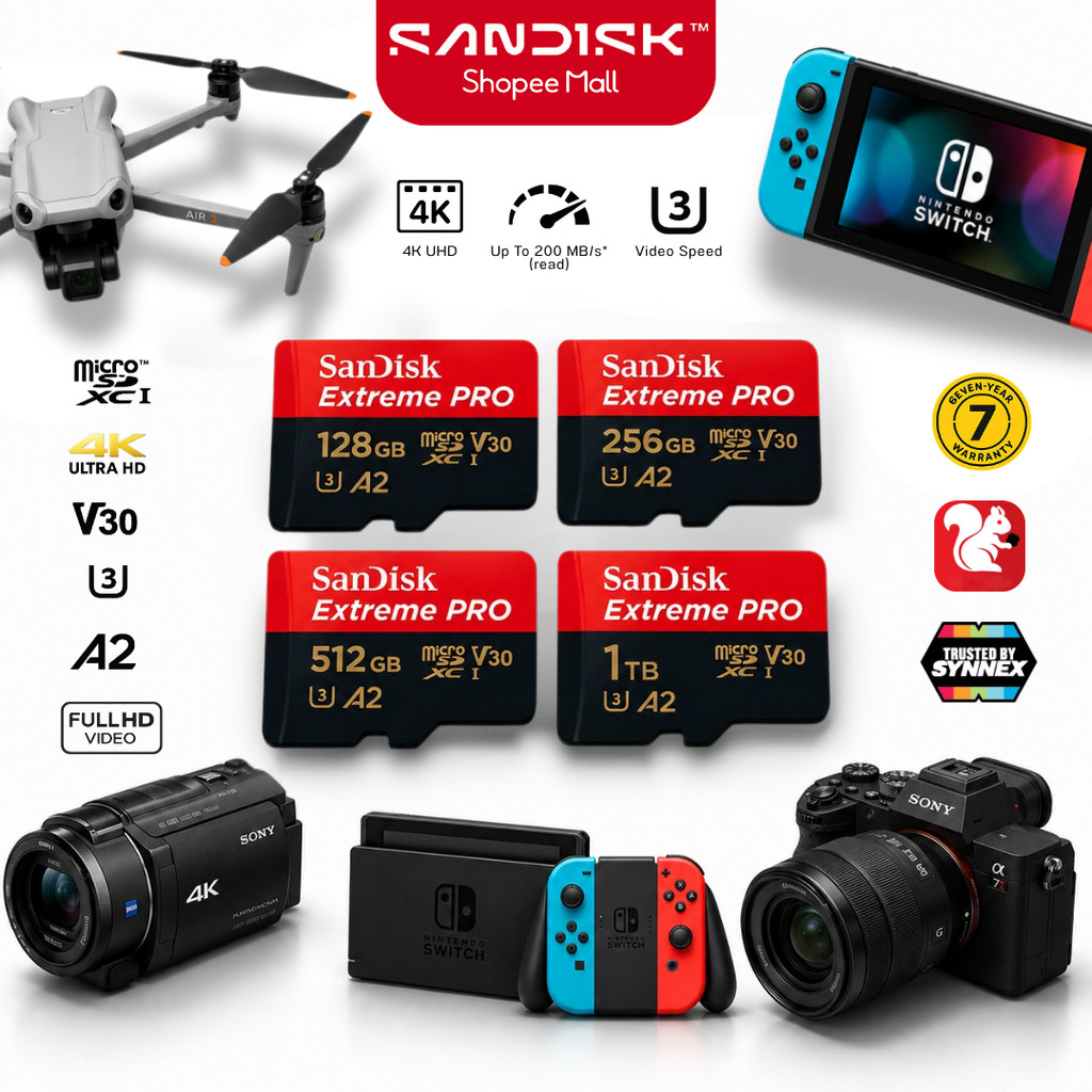 (ส่งด่วน) SANDISK Extreme Micro SD card 128GB [190MB] SDcard แท้ UHS-I V30 4K U3 C10 Memory card โดรน โทรศัพท์ V30 A2 ความเร็วอ่านสูงสุด 200MB/s