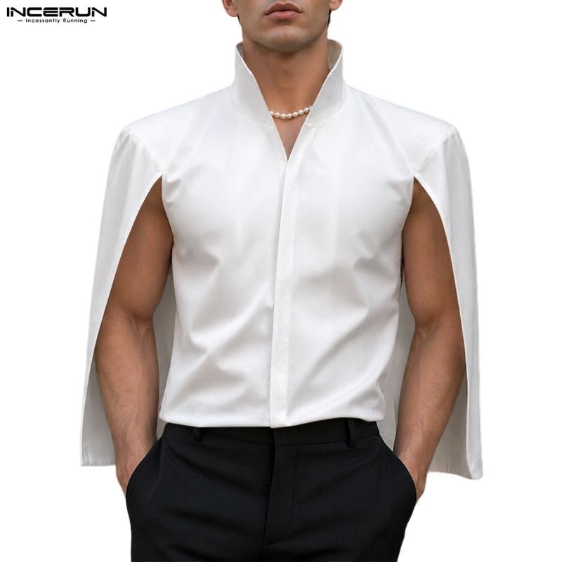 INCERUN เสื้อเชิ้ตแขนยาวผ้าคลุมไหล่สีทึบสําหรับผู้ชายเกาหลีเพื่อการพักผ่อน