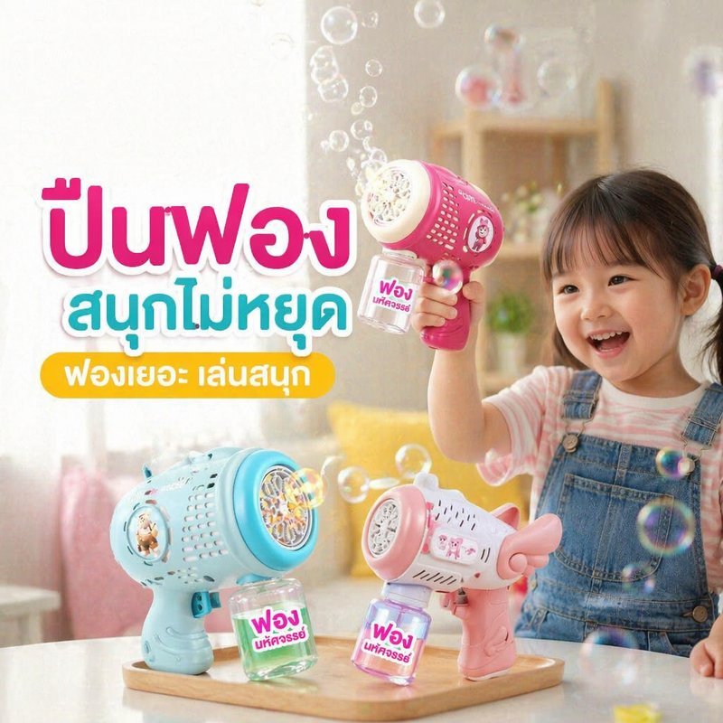 ปืนยิงฟองสบู่ ของเล่นเด็ก ปืนเป่าฟอง ไฟสี มี 12 หลุม ทำฟองเยอะ ของเล่นกลางแจ้ง
